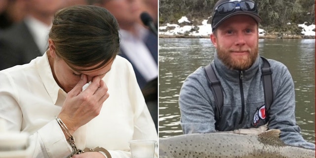 left split: Kouri Richins crying in court; right: Eric Richins holding fish by stream