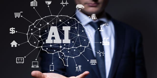 Man with his hand spread, seemingly holding an AI graphic.