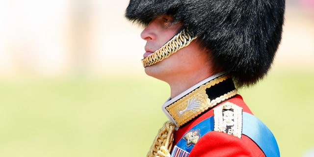 A close-up of Prince William in a red uniform and a bearskin hat