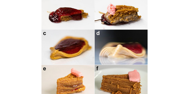 Layers shown of 3-D printed cheesecake with jelly, nutella, and graham cracker