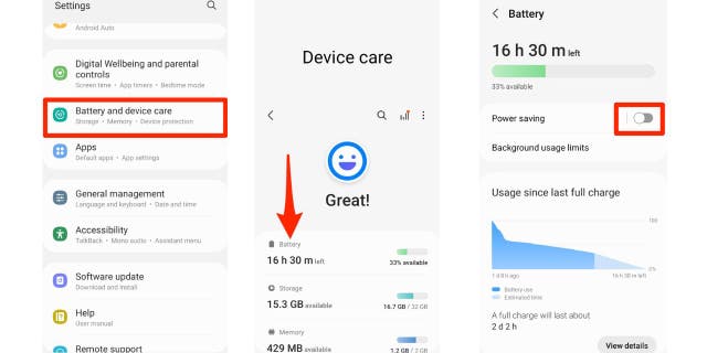 Three screenshots showing you how to turn on power saving mode.