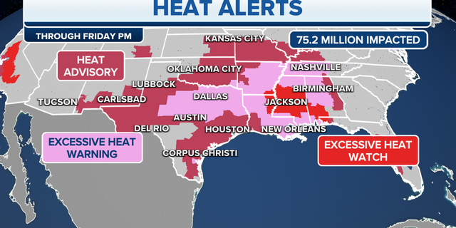 A map of heat alerts across the southern U.S.