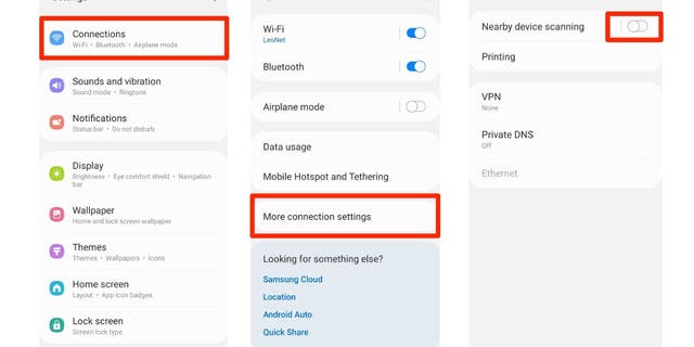Android'deki Bağlantılar ekranının ekran görüntüsü.