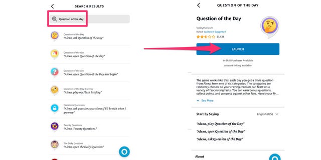 Screenshot of the Alexa app, question of the day