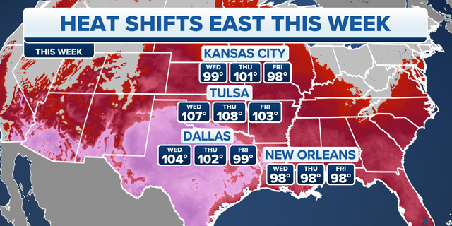 A map of heat shifts this week across the southern U.S.