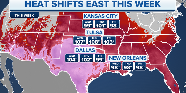 A map of heat shifts this week across the southern U.S.