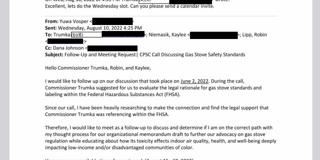 Richard Trumka Jr., a President Biden-nominated member of the Consumer Product Safety Commission, schedules a follow-up meeting with an environmental group to discuss the legal basis for a potential gas stove regulation.