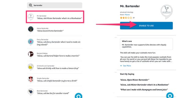 Screenshot of the Alexa app, mr bartender