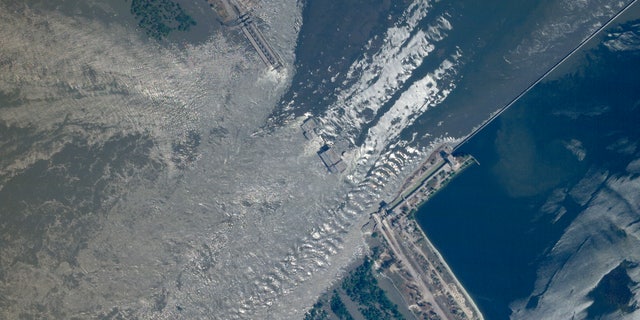 Kakhovka dam collapse seen from air