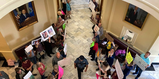 Demonstrators gather in Maine statehouse