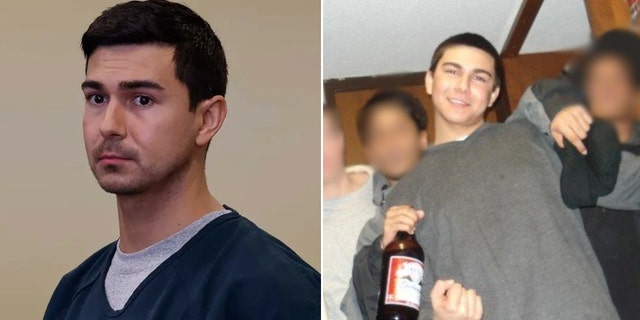 A split image of Matthew Nilo in court and Matthew Nilo partying with friends