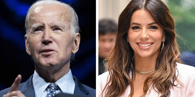 Photo collage of President Biden and Eva Longoria.