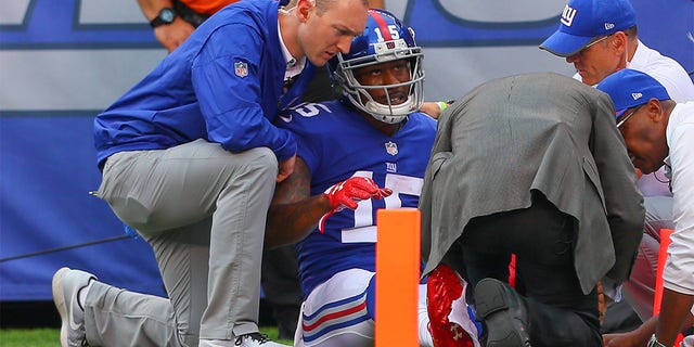 Brandon Marshall being attended to by trainers