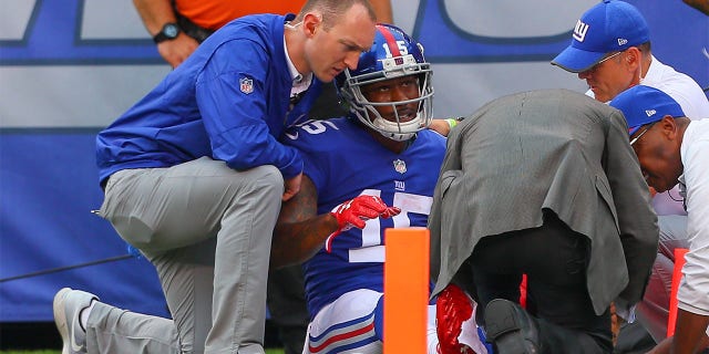 Brandon Marshall being attended to by trainers