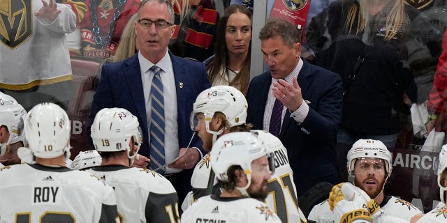 Bruce Cassidy speaks with his team