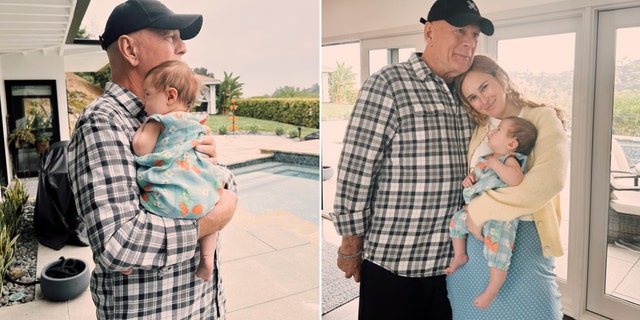 Split of Bruce Willis holding granddaughter and Bruce Willis with Rumer Willis and her daughter