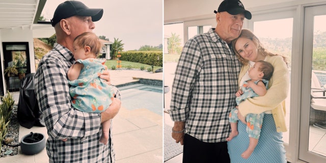 Split of Bruce Willis holding granddaughter and Bruce Willis with Rumer Willis and her daughter