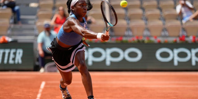 Coco Gauff plays a forehand shot