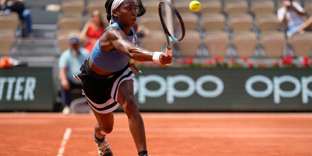 Coco Gauff plays a forehand