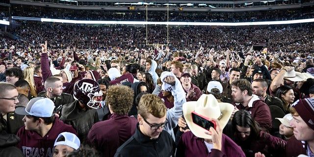 Fans and students as they run across the field