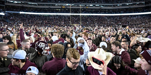 Fans and students as they run across the field