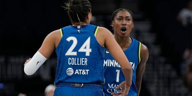 Diamond Miller celebrates with Napheesa Collier