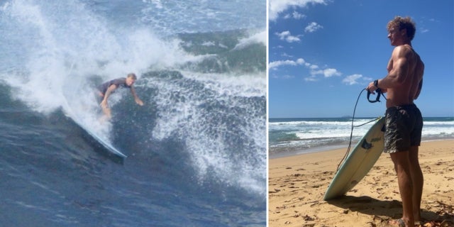 Daniel Penny shown riding a wave and standing on the shore with his surfboard.