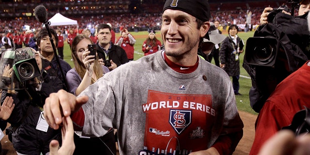 David Freese celebrates the World Series