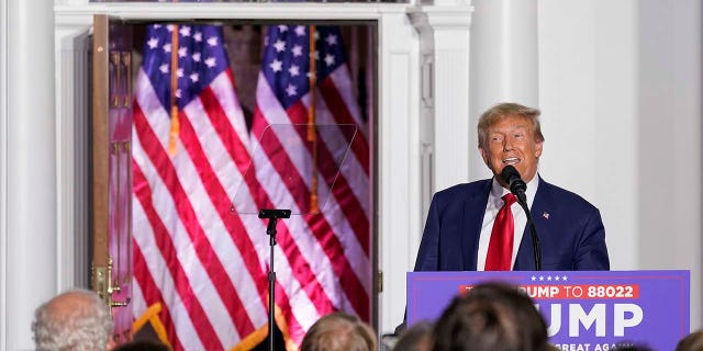 Donald Trump speaks to supporters at Trump National Golf Club Bedminster