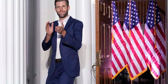 Eric Trump arrives before former President Donald Trump speaks at Trump National Golf Club in Bedminster, N.J.