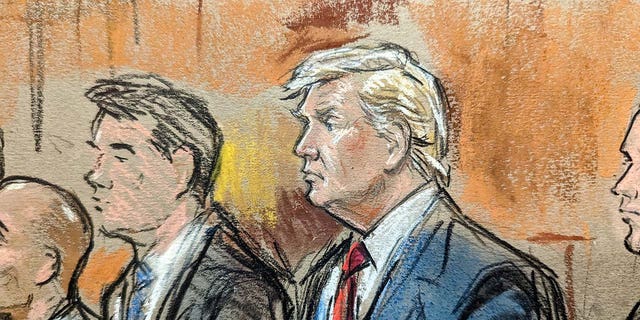 In this court sketch, former President Donald Trump stands alongside his lawyers during his arraignment