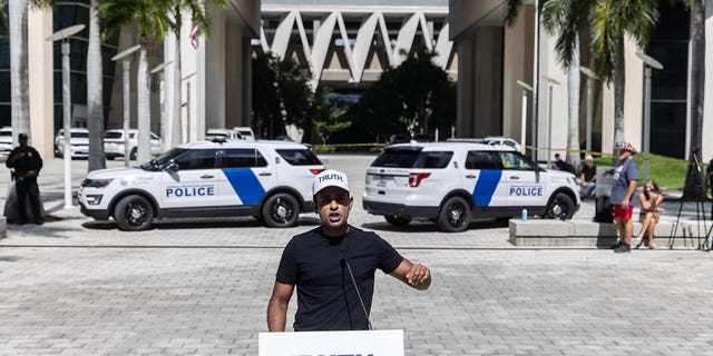 Vivek Ramaswamy, chairman and co-founder of Strive Asset Management, speaks outside of a Miami Federal Courthouse