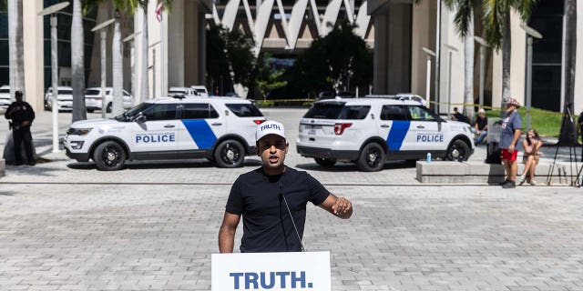Vivek Ramaswamy, chairman and co-founder of Strive Asset Management, speaks outside of a Miami Federal Courthouse