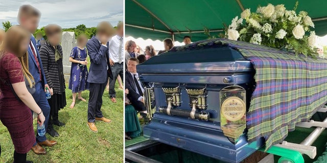 A group of children shown with their faces blurred next to a blue casket with a plaid covering and white flowers.