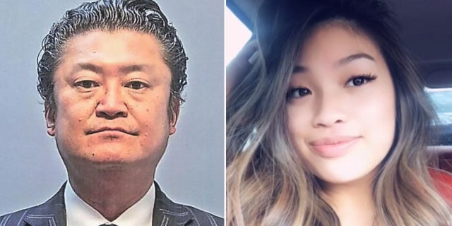 Geoffrey Kim booking photo next Emmalyn Nguyen smiling in a selfie.
