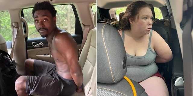Adalyn Jean Burkett and Marquan L. Edwards arrested and seated in the back of a vehicle.