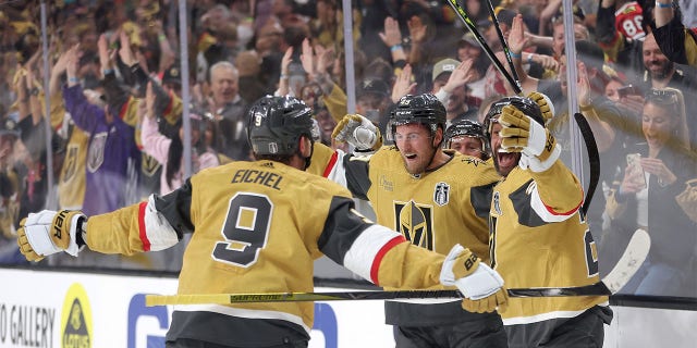 Jack Eichel celebrates goal with teammates