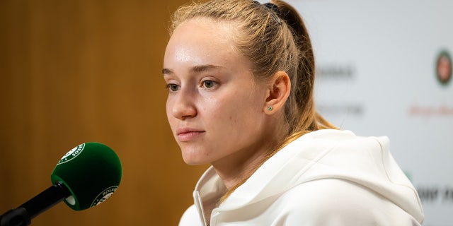 Elena Rybakina speaks to the media