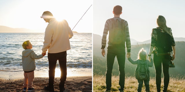 Right: Dad goes fishing with son. Left: Dad and mom go hiking with child.