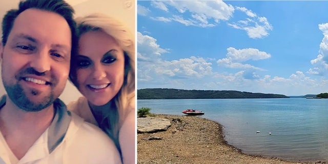 A photo of the couple smiling next to a picture of Beaver Lake. 