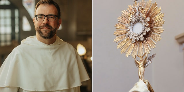 A photo split featuring a Dominican friar and a gold monstrance