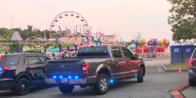 authorities at carnival, ferris wheel in background
