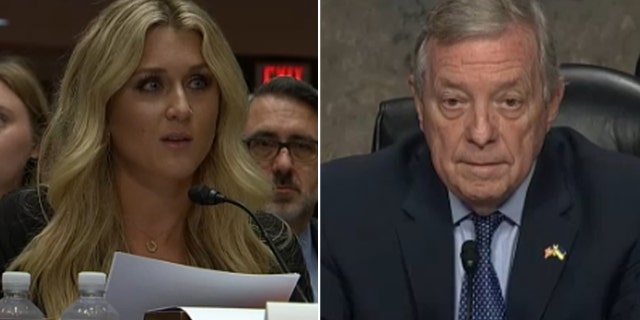 Riley Gaines and Sen. Dick Durbin at a Senate hearing