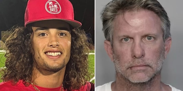 Garrett Hughes wearing a red baseball cap next to a booking photo of Lloyd Brewer III