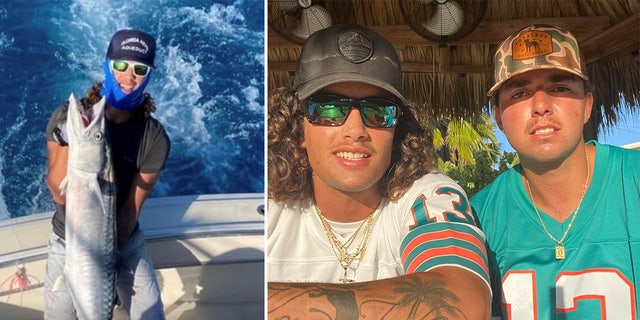 Garrett Hughes poses with a fish on a boat and in another image wears a pair of sunglasses next to his brother.