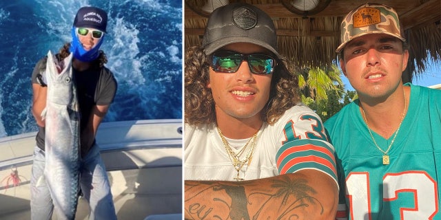 Garrett Hughes poses with a fish on a boat and in another image wears a pair of sunglasses next to his brother.