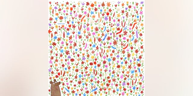 A seek-and-find picture of a brown bear looking for the red bow tie he lost in a flower field.