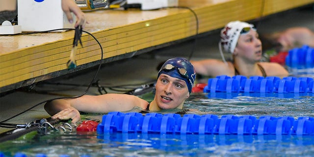 Lia Thomas after winning a swimming meet