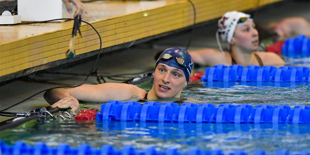 Lia Thomas after winning a swimming meet