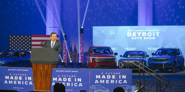 DETROIT, MICHIGAN, US - SEPTEMBER 14: US Secretary of Transportation, Pete Buttigieg speaks at the Detroit Auto show, in Detroit, MI, United States on September 14, 2022. (Photo by Katie McTiernan/Anadolu Agency via Getty Images)